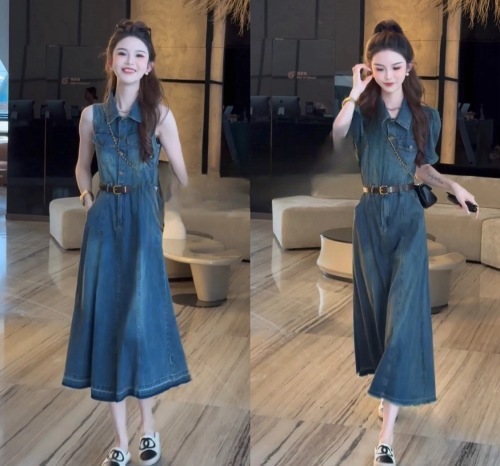 Xiaoqiaowu Customized Hong Kong Style Retro Lapel Denim Dress 2024 Temperament Waist Slimming Over the Knee Long Skirt