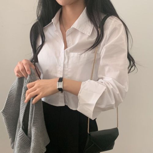 Early autumn short style women's long-sleeved shirt with white shirt underneath