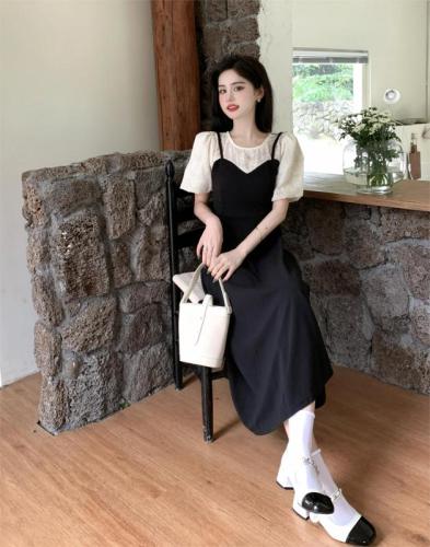 Real shot of plus size French sweet lady summer dress for women simple Korean style splicing fake two-piece long dress