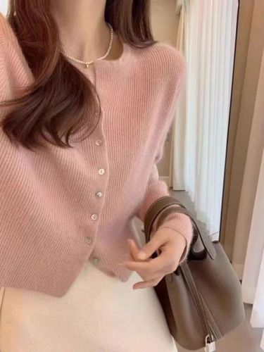 European high-end blue woolen coat for women, autumn gentle knitted cardigan, foreign style, versatile top, French style