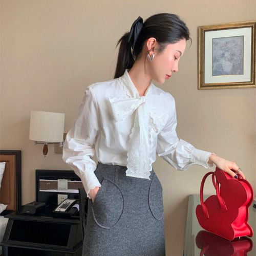 Early spring Korean chic~gentle temperament versatile lace bow shirt