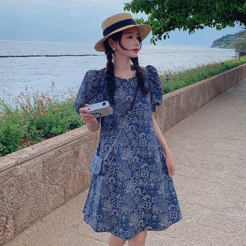 Retro printed puff sleeve dress for women summer 2024 new design niche chic slim round neck skirt