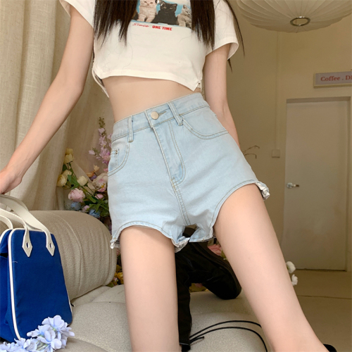 Hot girl sexy leg-lengthening denim shorts for women 2024 new high-waisted slimming irregular hip-covering super shorts trendy