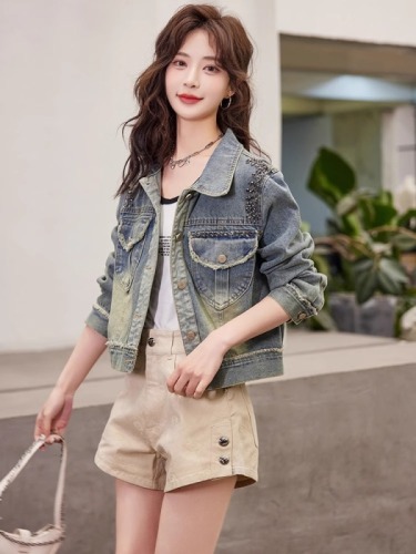 Retro raw edge beaded denim jacket short women's early spring and autumn new casual good-looking jacket top