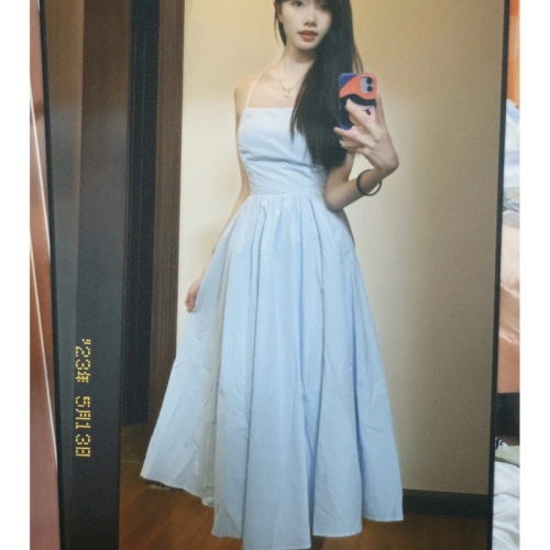 French blue suspender dress for women, summer texture, high-end, pear-shaped figure, seaside vacation beach long dress