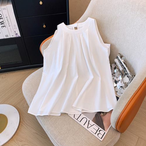 French sweet and spicy outer wear sleeveless halterneck off-shoulder vest for women summer high-end pleated loose and flesh-covering chic top