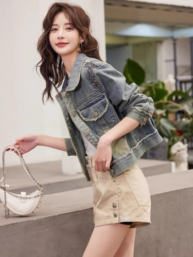 Retro raw edge beaded denim jacket short women's early spring and autumn new casual good-looking jacket top