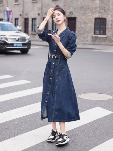 Spring and Autumn Clothes Over the Knee Long New Women's Retro Style Waist Slimming Long Sleeve Denim Dress Long Skirt