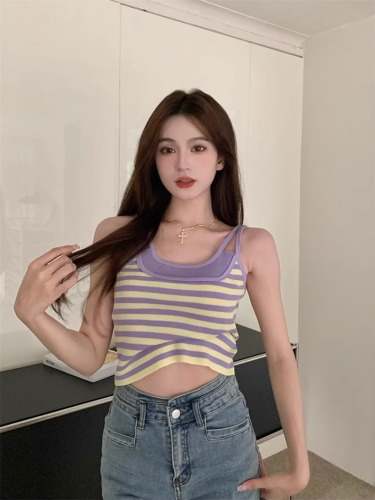 Real shot Summer design fake two-piece striped camisole top for women