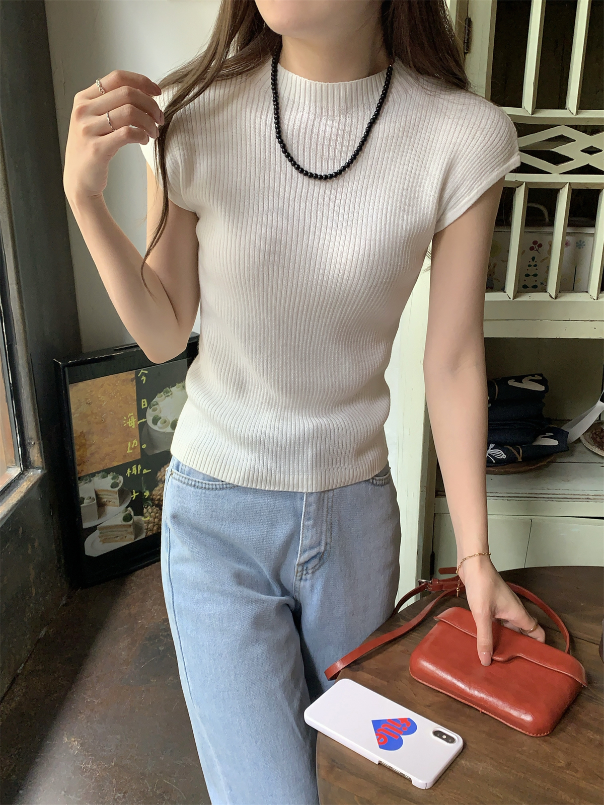 Real shot of summer Korean style ins temperament slim solid color versatile lightweight 6 wool knitted short-sleeved top