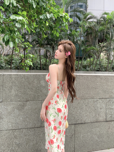 Real shot French rose floral dress women's summer tea break suspender skirt long seaside resort style skirt