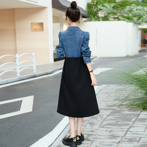 Early autumn long-sleeved denim splicing dress for women spring and autumn new design niche fake two-piece skirt