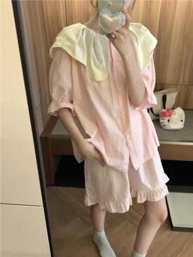 Real shot of Korean version of sweet all-cotton large lapels, loose and comfortable summer outer wear home wear set