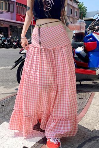 Actual shot of 24thootd Korean-style Omni pink plaid splicing design loose slimming high-waisted long skirt