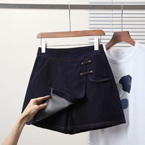 Actual shot of summer's new large-size elastic belly-covering denim skirt pants for fat MM shorts Korean style foreign-style anti-exposure skirt