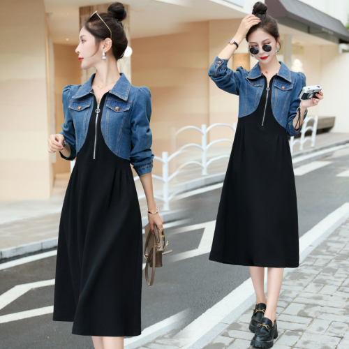 Early autumn long-sleeved denim splicing dress for women spring and autumn new design niche fake two-piece skirt