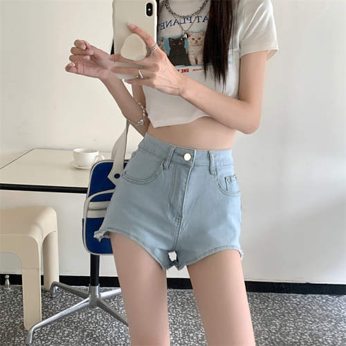 Hot girl sexy leg-lengthening denim shorts for women 2024 new high-waisted slimming irregular hip-covering super shorts trendy