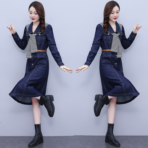 Waist stitching denim dress long new fashion loose long-sleeved slim shirt dress single-breasted