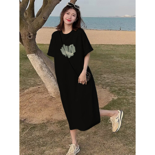 Dress Fashion Casual Outing Pure Cotton Loose Short Sleeve T-Shirt Dress Summer Trendy Mom Mid-Length Skirt