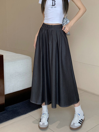 Actual shot ~ 2024 new Korean design retro imitation denim skirt A-line skirt elastic waist mid-length skirt