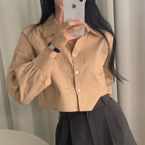 Early autumn short style women's long-sleeved shirt with white shirt underneath