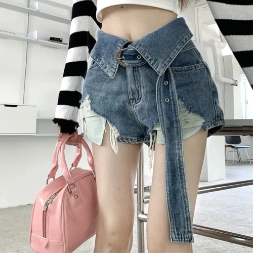 Hot girl retro ripped jeans women's summer hot pants shorts high waist sexy design niche wide leg pants