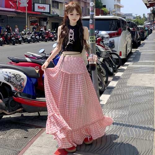 Actual shot of 24thootd Korean-style Omni pink plaid splicing design loose slimming high-waisted long skirt