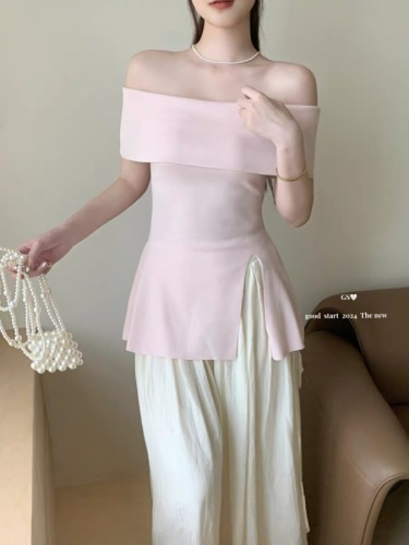 GS new summer style Korean style high-end pure lust style paper man slit one-shoulder waist knitted sweater top