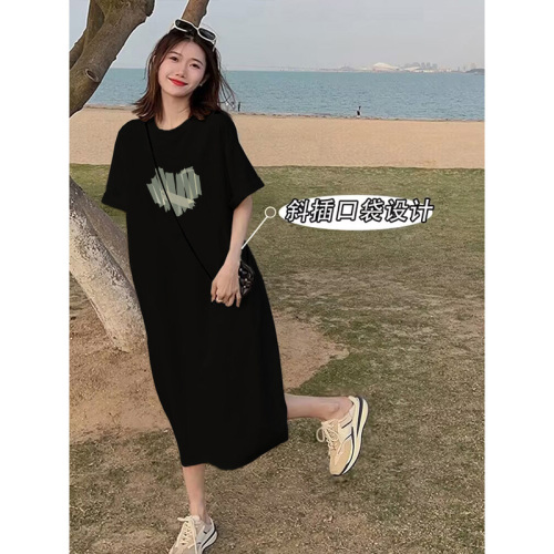 Dress Fashion Casual Outing Pure Cotton Loose Short Sleeve T-Shirt Dress Summer Trendy Mom Mid-Length Skirt