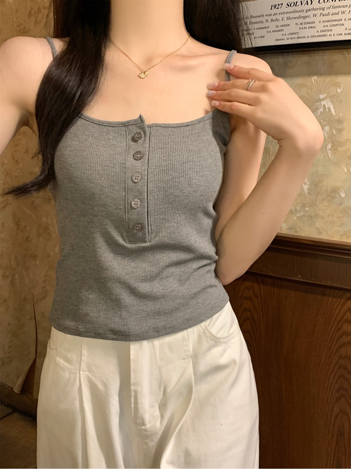 實拍 夏季韓版修身純欲方領紐扣設計感百搭吊帶背心上衣女