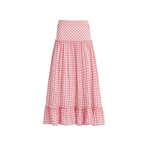 Actual shot of 24thootd Korean-style Omni pink plaid splicing design loose slimming high-waisted long skirt