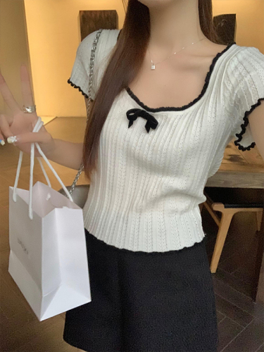 Wu77 Girl Hollow Crochet Contrast Color Round Neck Bow Knit Sweater Women's Lace Design Slim Short Top