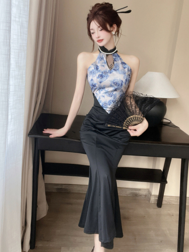 Real shot of new Chinese style improved cheongsam evening dress for women summer royal sister sexy fishtail halter neck hip dress