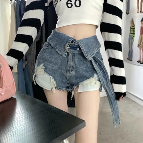 Hot girl retro ripped jeans women's summer hot pants shorts high waist sexy design niche wide leg pants