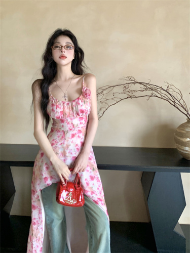 Real shot~ Three-dimensional flower seaside vacation floral suspender dress high-waisted summer temperament long dress for women