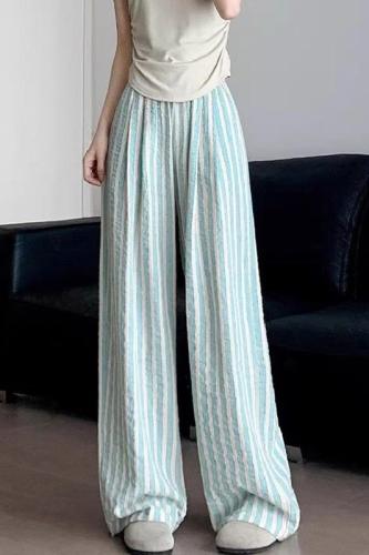 Original fabric striped casual pants for women summer thin loose drape high waist slim wide leg pants