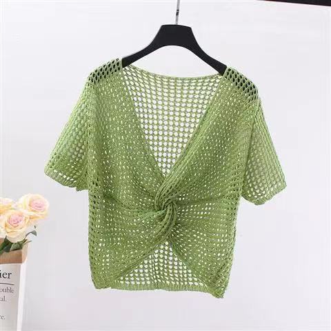 Suspender summer short shawl jacket ice silk knitted blouse hollow line women's thin sun protection