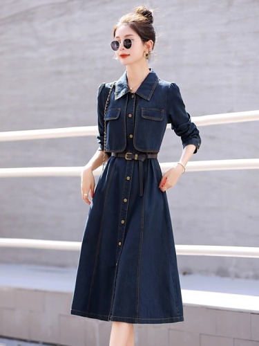 Early autumn long-sleeved denim splicing dress for women spring and autumn new design niche fake two-piece skirt