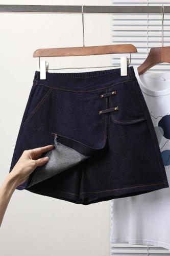 Actual shot of summer's new large-size elastic belly-covering denim skirt pants for fat MM shorts Korean style foreign-style anti-exposure skirt