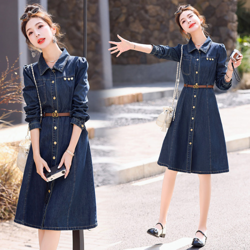 Hot style denim dress for women spring and autumn new style small fashion temperament slim waist with belt