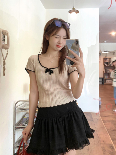 Wu77 Girl Hollow Crochet Contrast Color Round Neck Bow Knit Sweater Women's Lace Design Slim Short Top