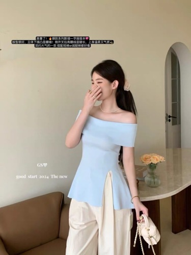 GS new summer style Korean style high-end pure lust style paper man slit one-shoulder waist knitted sweater top