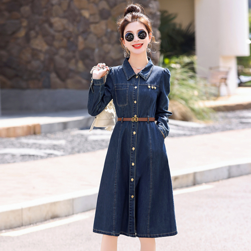 Hot style denim dress for women spring and autumn new style small fashion temperament slim waist with belt