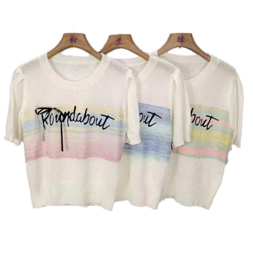 French sweet colorful bow ice silk sweater for women summer new loose slimming round neck puff sleeve top