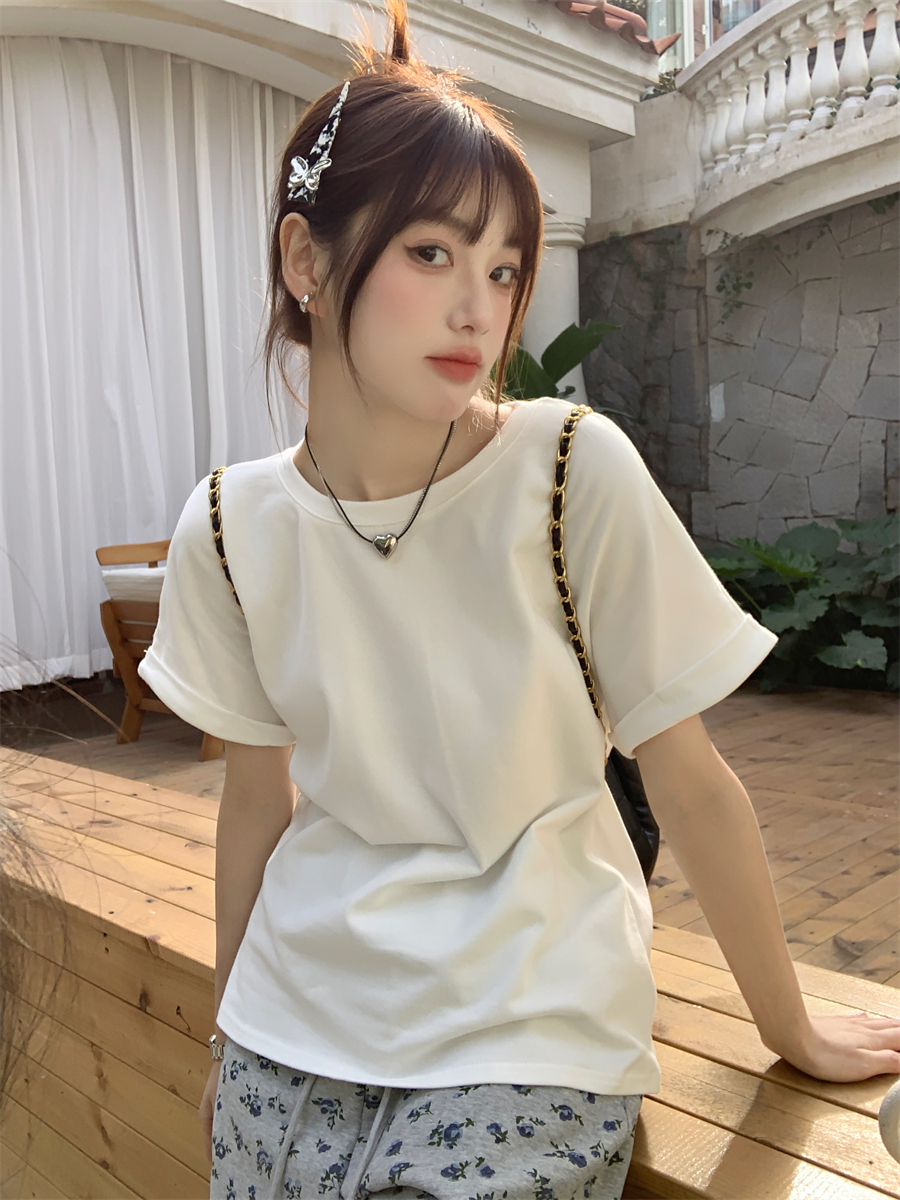Real shot of summer outer wear round neck white short-sleeved loose slimming top half-sleeved T-shirt for women