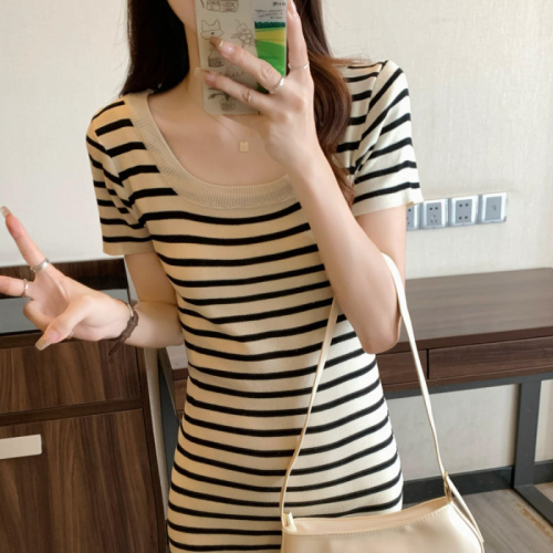 Real shot!  !  There’s a big picture!  There is a video of 2024 summer knitted dress slimming round neck t-shirt dress