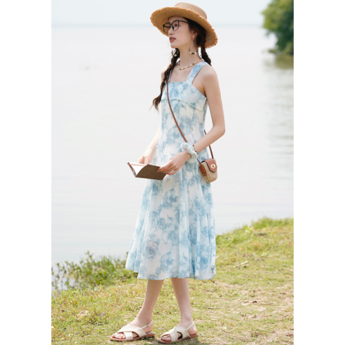 No less than 119 real shot French floral blue square neck suspender dress