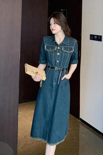 Summer style new simple, fashionable and personalized denim dress with lapel and waist, slimming