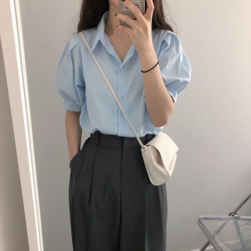 chic lapel puff sleeve shirt short sleeve women's top shirt