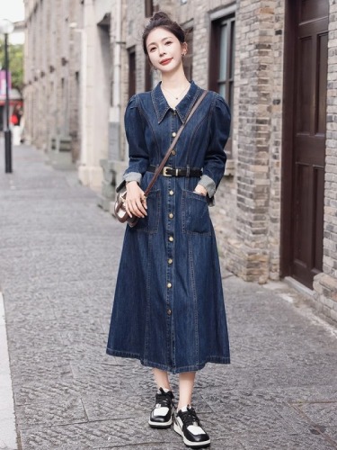 Spring and Autumn Clothes Over the Knee Long New Women's Retro Style Waist Slimming Long Sleeve Denim Dress Long Skirt